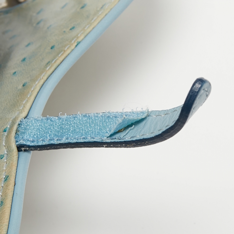 Pre Owned Dior Light Blue Ostrich Embossed Leather Mini Crystals Embellished Saddle Bag