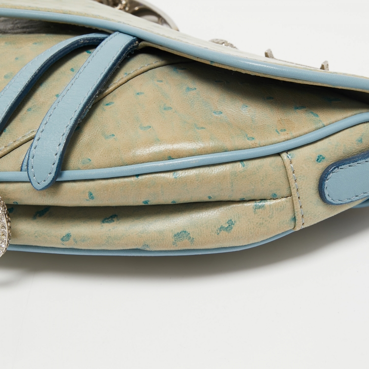 Pre Owned Dior Light Blue Ostrich Embossed Leather Mini Crystals Embellished Saddle Bag
