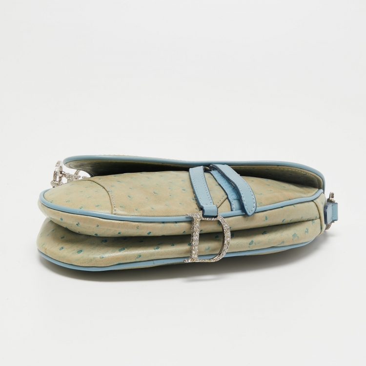 Pre Owned Dior Light Blue Ostrich Embossed Leather Mini Crystals Embellished Saddle Bag