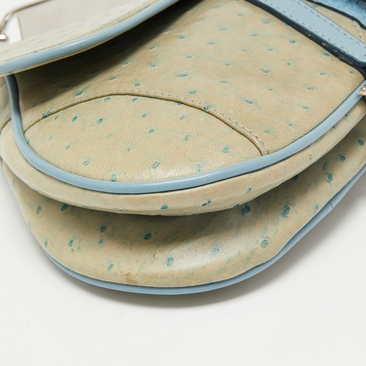 Pre Owned Dior Light Blue Ostrich Embossed Leather Mini Crystals Embellished Saddle Bag