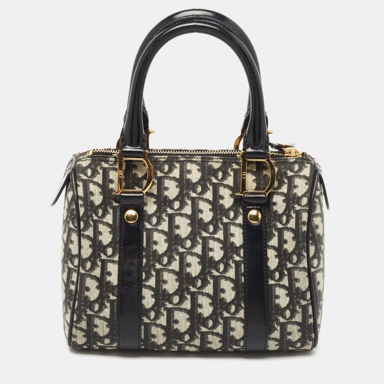 Pre Owned Dior Black/White Diorissimo Canvas and Leather Boston Bag
