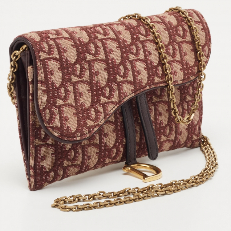 Pre Owned Dior Burgundy Oblique Canvas and Leather Saddle Wallet on Chain