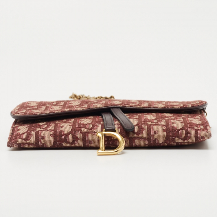 Pre Owned Dior Burgundy Oblique Canvas and Leather Saddle Wallet on Chain