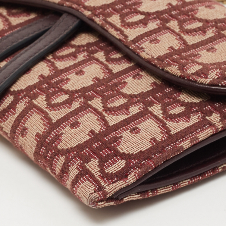 Pre Owned Dior Burgundy Oblique Canvas and Leather Saddle Wallet on Chain