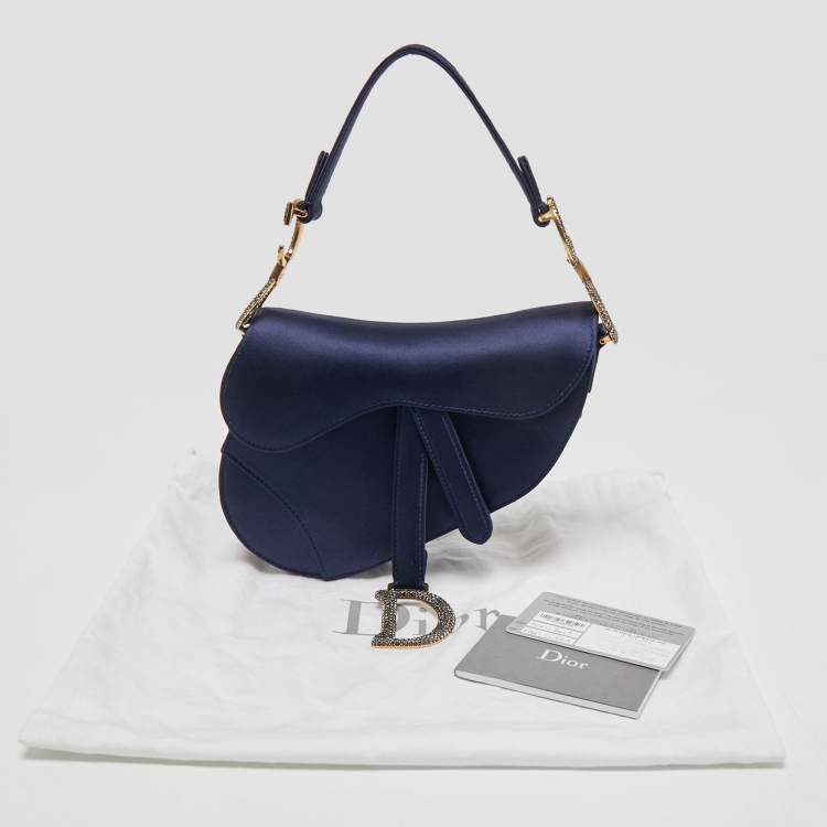 Pre Owned Dior Blue Satin Mini Crystal Embellished Logo Saddle Bag