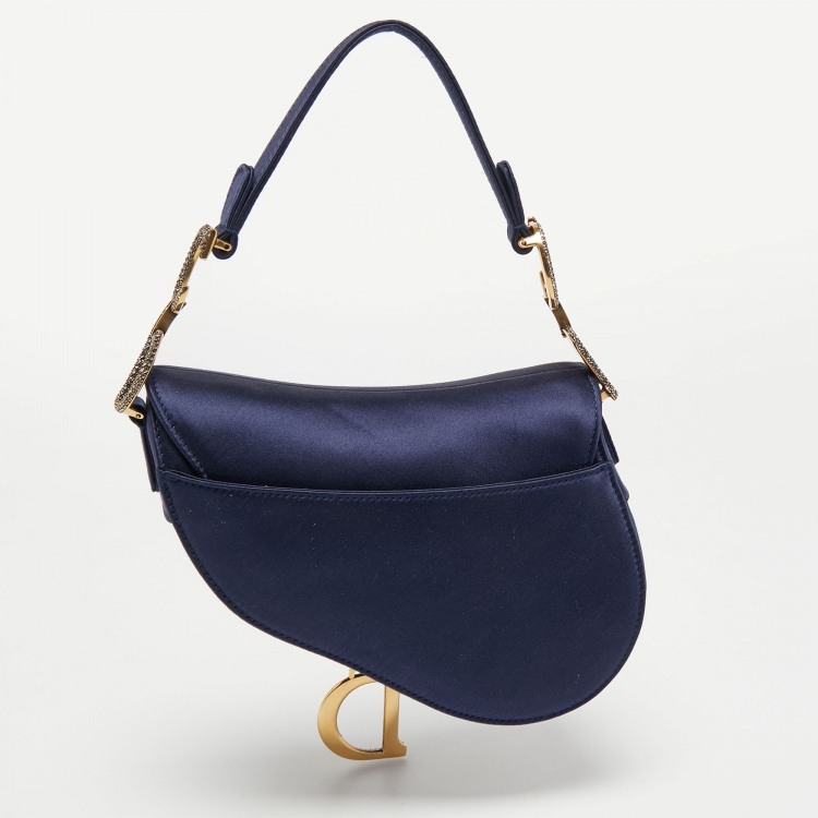 Pre Owned Dior Blue Satin Mini Crystal Embellished Logo Saddle Bag