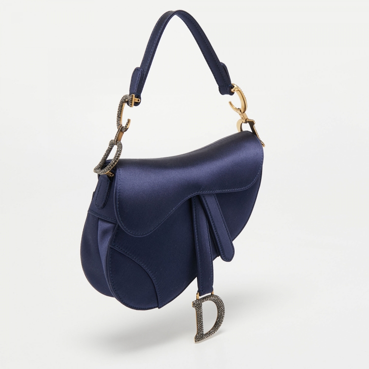 Pre Owned Dior Blue Satin Mini Crystal Embellished Logo Saddle Bag
