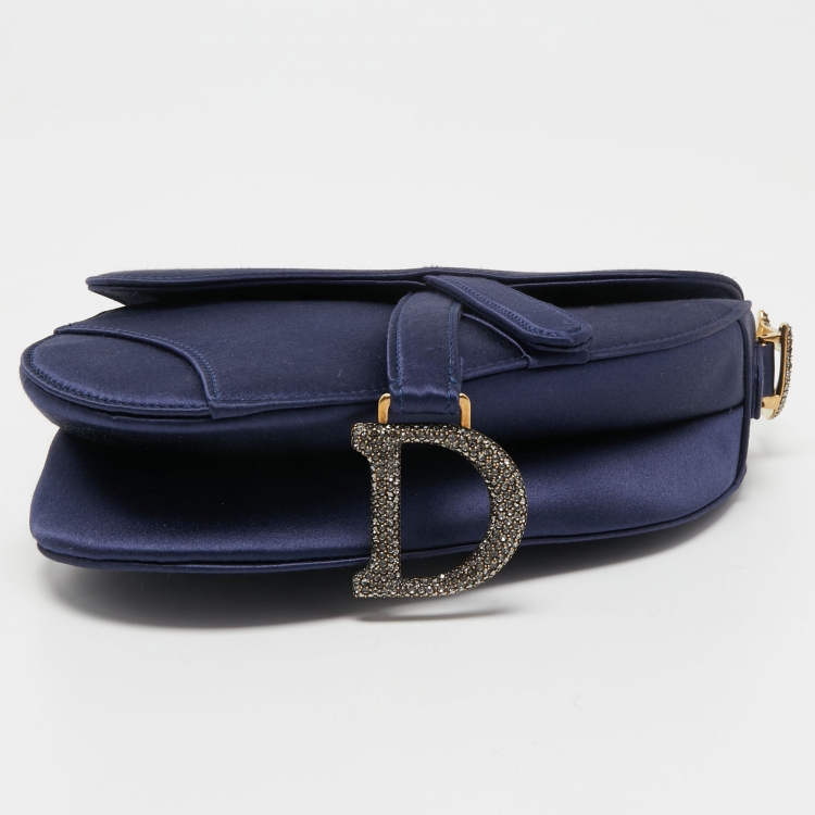 Pre Owned Dior Blue Satin Mini Crystal Embellished Logo Saddle Bag