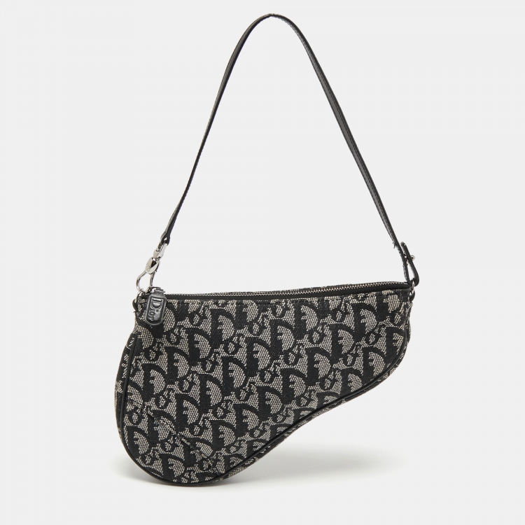 Pre Owned Dior Black Oblique Canvas and Leather Trotter Saddle Bag