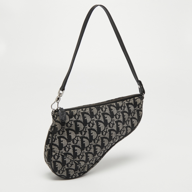 Pre Owned Dior Black Oblique Canvas and Leather Trotter Saddle Bag