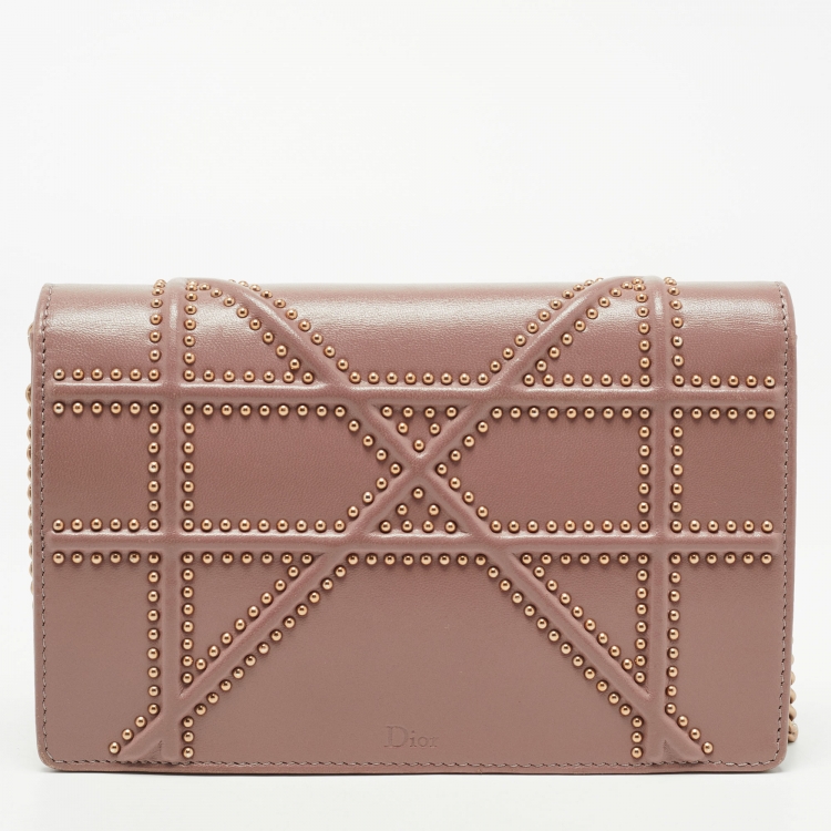 Pre Owned Dior Pink Leather Studded Diorama Wallet on Chain