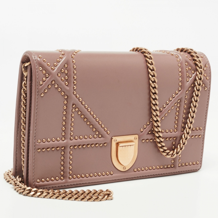 Pre Owned Dior Pink Leather Studded Diorama Wallet on Chain