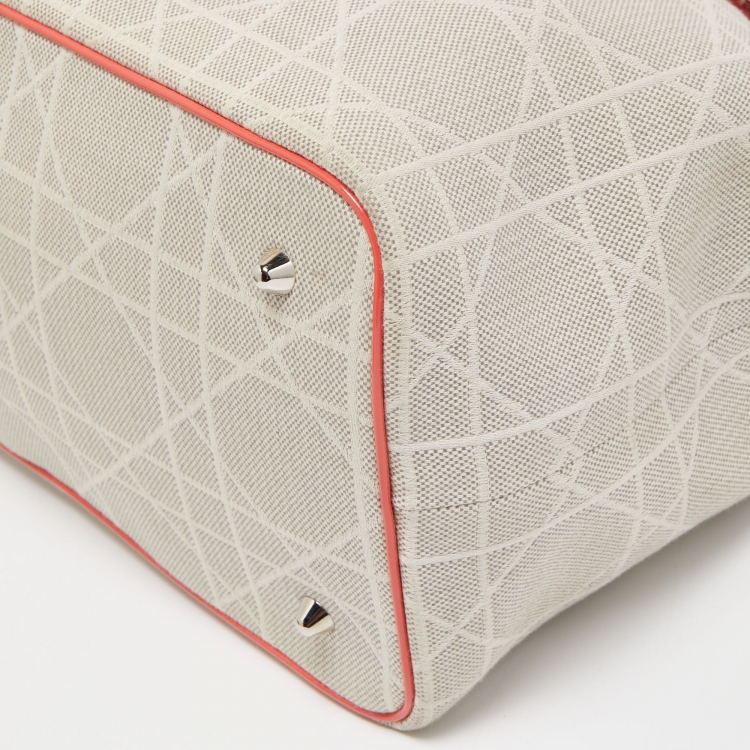 Pre Owned Dior Coral Pink/Beige Cannage Canvas and Patent Leather Medium Panarea Shopper Tote