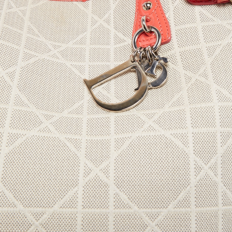 Pre Owned Dior Coral Pink/Beige Cannage Canvas and Patent Leather Medium Panarea Shopper Tote