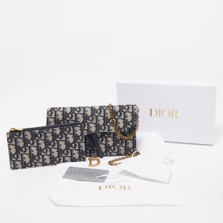 Pre Owned Dior Navy Blue Oblique Canvas and Leather Saddle Wallet On Chain