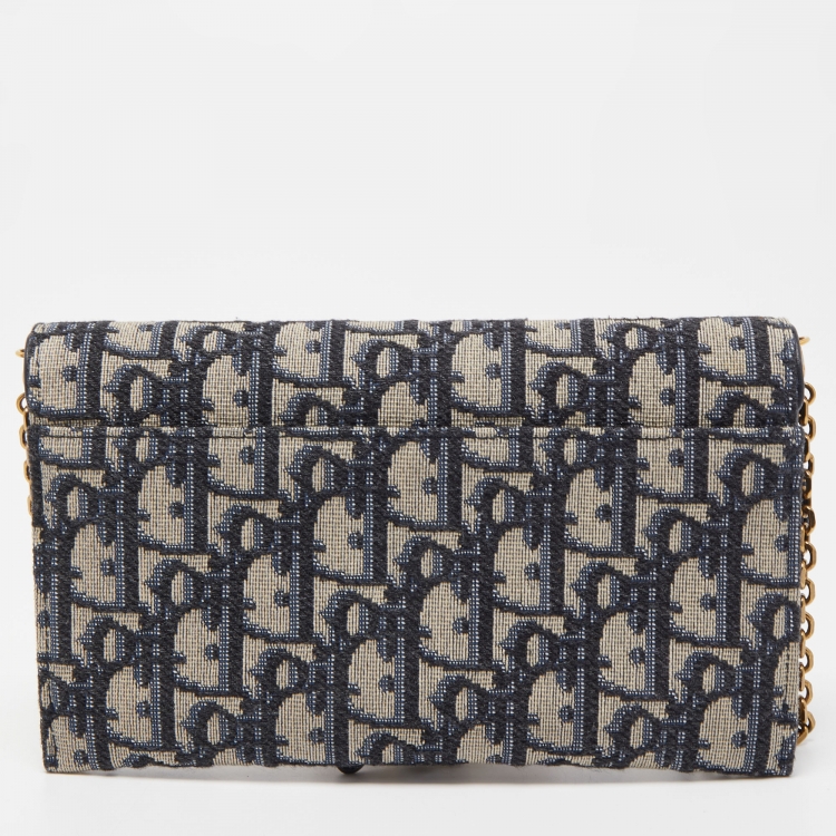 Pre Owned Dior Navy Blue Oblique Canvas and Leather Saddle Wallet On Chain