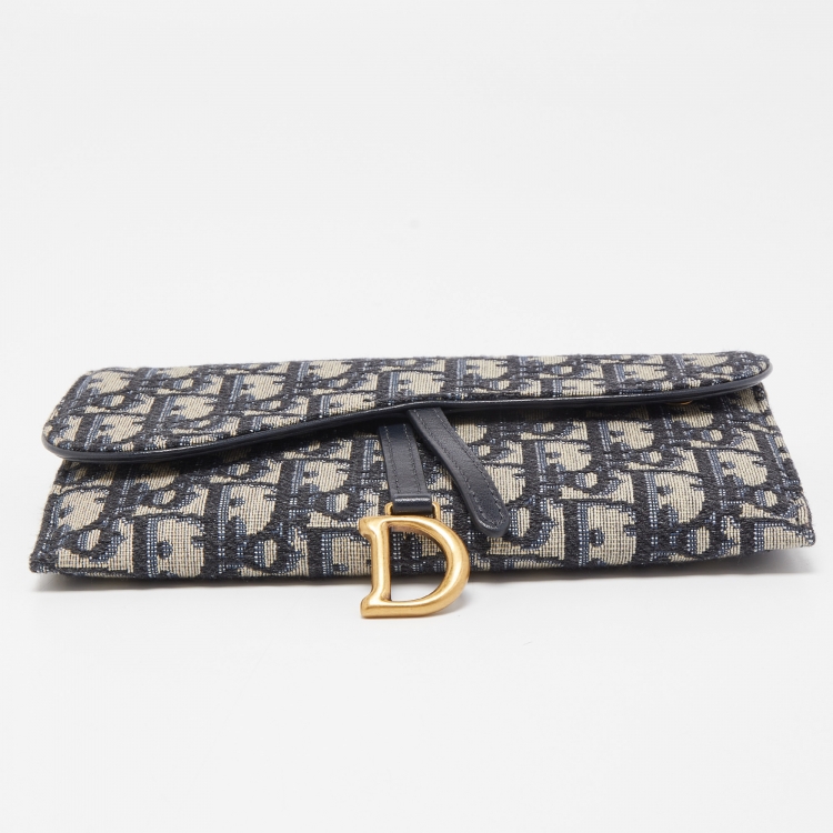 Pre Owned Dior Navy Blue Oblique Canvas and Leather Saddle Wallet On Chain