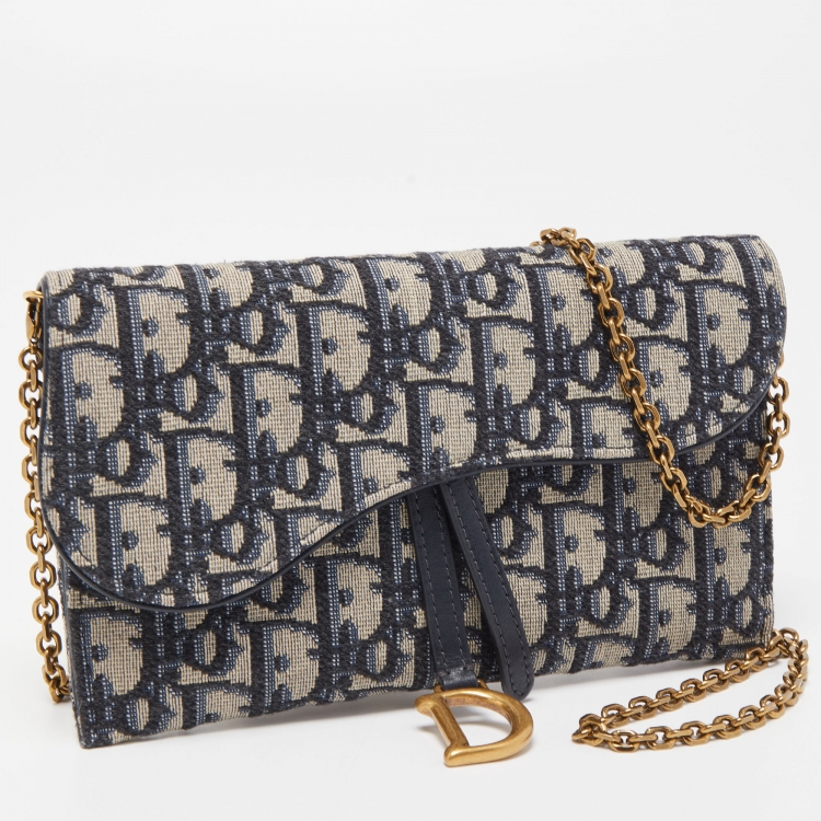 Pre Owned Dior Navy Blue Oblique Canvas and Leather Saddle Wallet On Chain