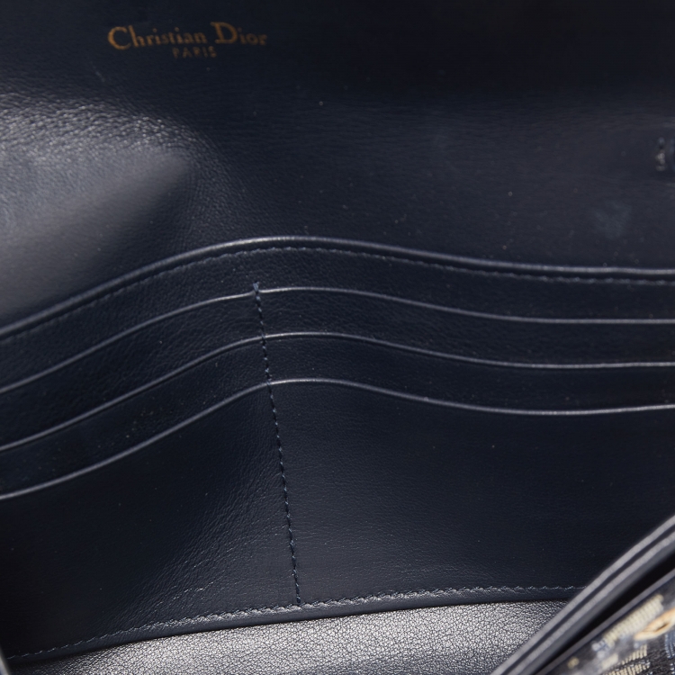 Pre Owned Dior Navy Blue Oblique Canvas and Leather Saddle Wallet On Chain