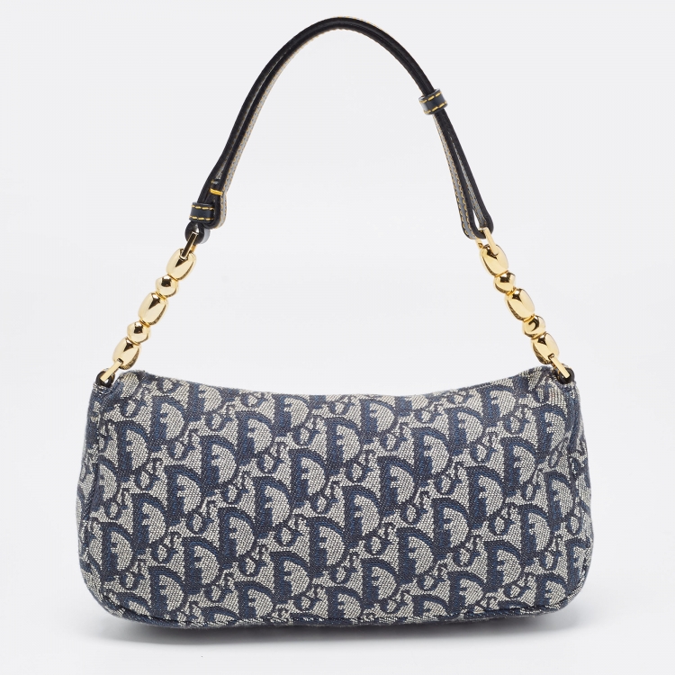 Pre Owned Dior Navy Blue Oblique Canvas and Leather Malice Hobo