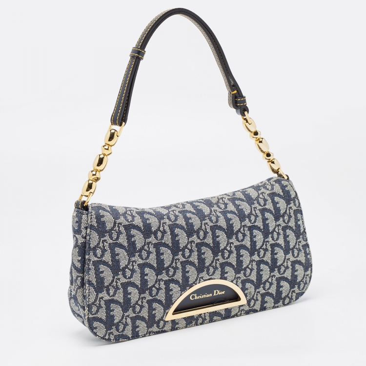 Pre Owned Dior Navy Blue Oblique Canvas and Leather Malice Hobo