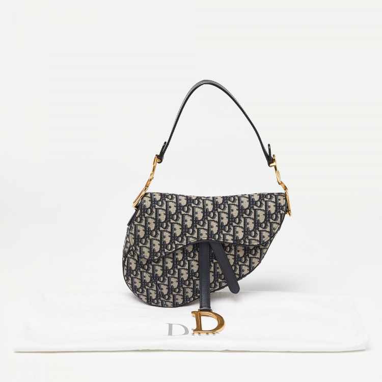 Pre Owned Dior Navy Blue Oblique Canvas and Leather Saddle Bag
