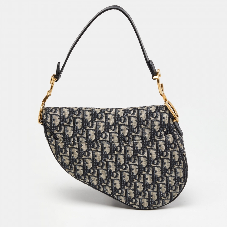 Pre Owned Dior Navy Blue Oblique Canvas and Leather Saddle Bag