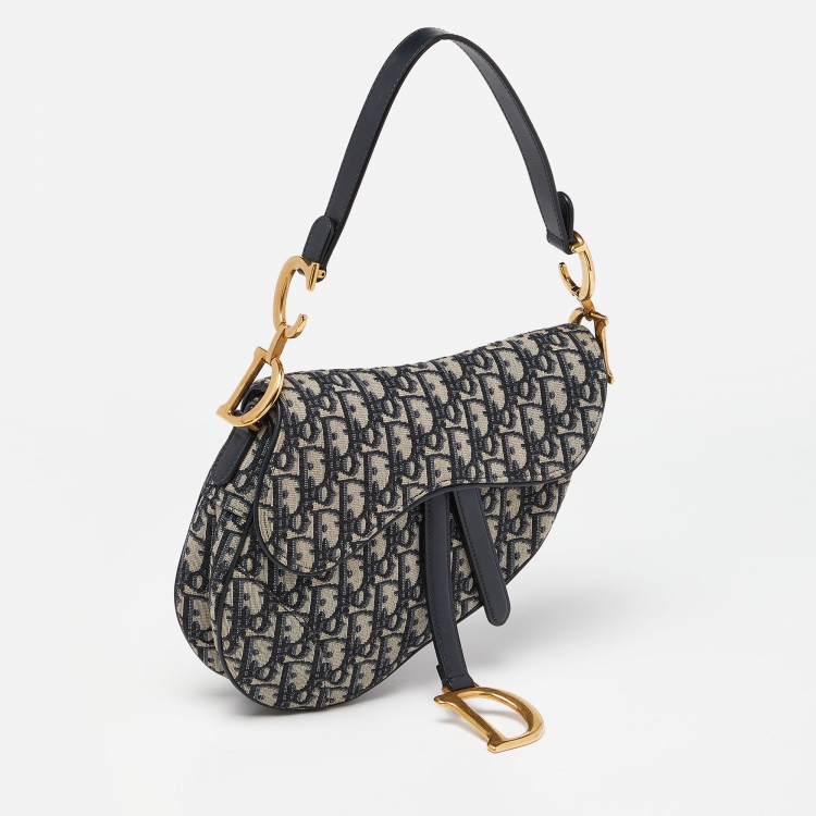 Pre Owned Dior Navy Blue Oblique Canvas and Leather Saddle Bag