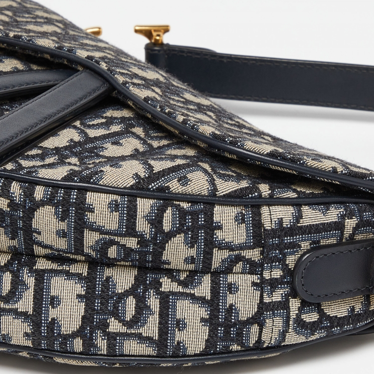 Pre Owned Dior Navy Blue Oblique Canvas and Leather Saddle Bag