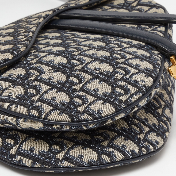 Pre Owned Dior Navy Blue Oblique Canvas and Leather Saddle Bag