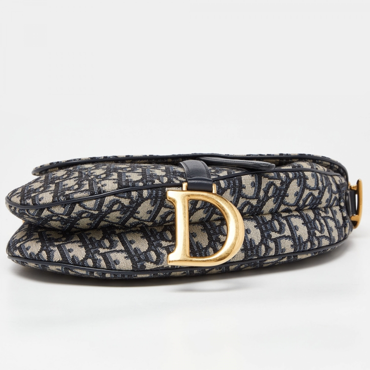 Pre Owned Dior Navy Blue Oblique Canvas and Leather Saddle Bag