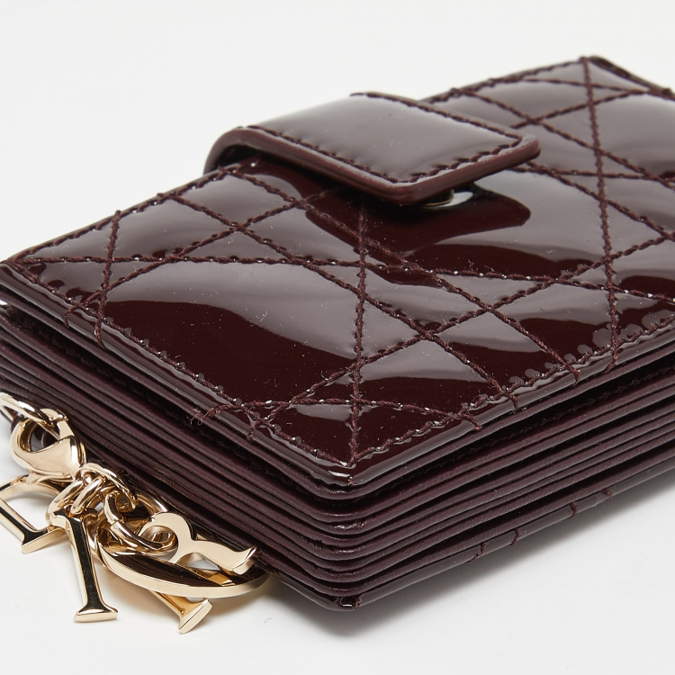 Pre Owned Dior Burgundy Cannage Patent Leather Lady Dior 5 Gusset Card Holder