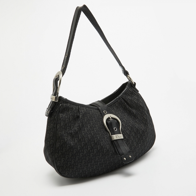 Pre Owned Dior Black Oblique Canvas and Leather Buckle Flap Hobo
