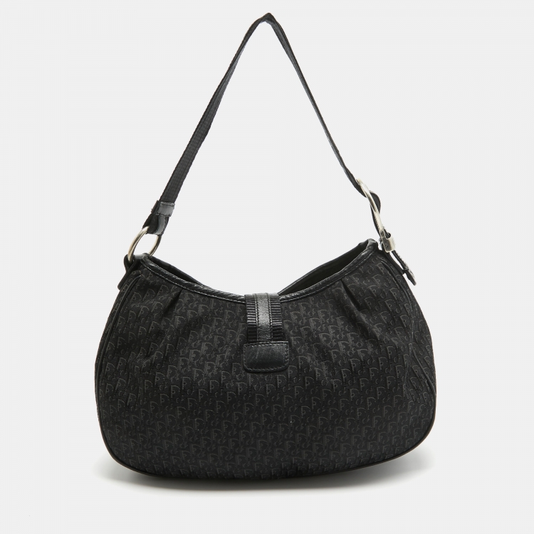 Pre Owned Dior Black Oblique Canvas and Leather Buckle Flap Hobo