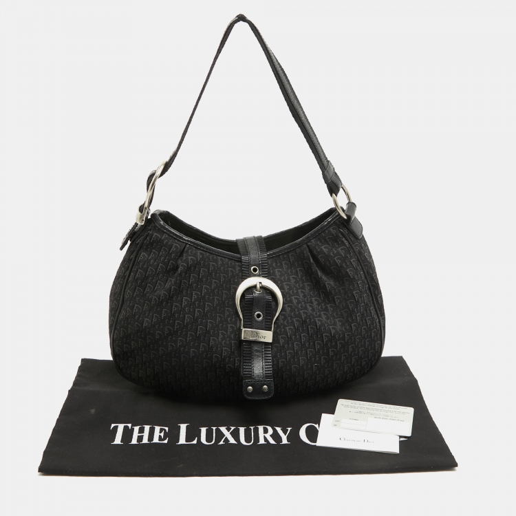 Pre Owned Dior Black Oblique Canvas and Leather Buckle Flap Hobo