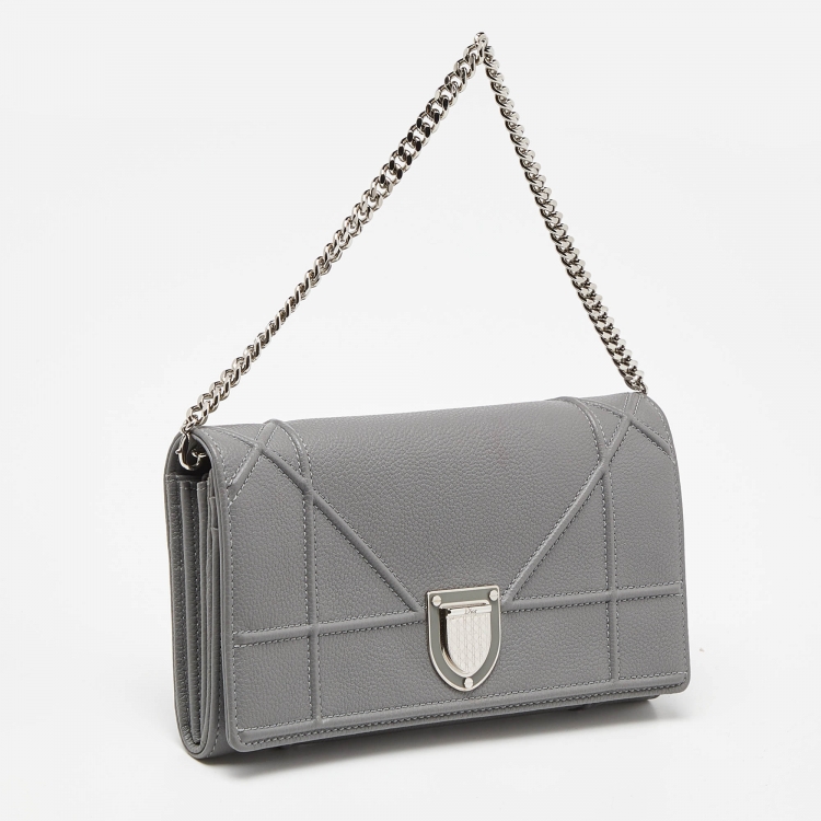Pre Owned Dior Grey Leather Diorama Wallet on Chain
