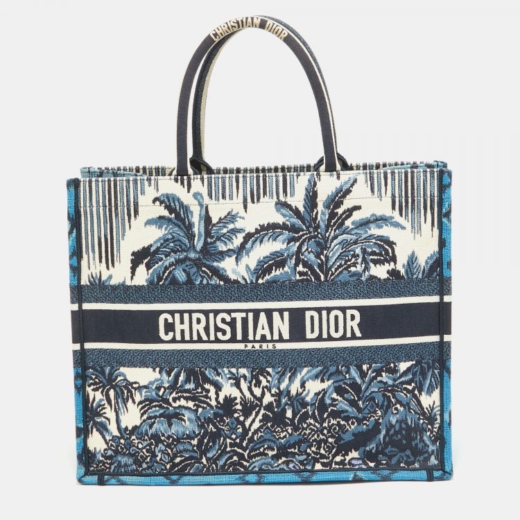 Dior Navy Blue/White Embroidery Canvas Large Palm Tree Book Tote