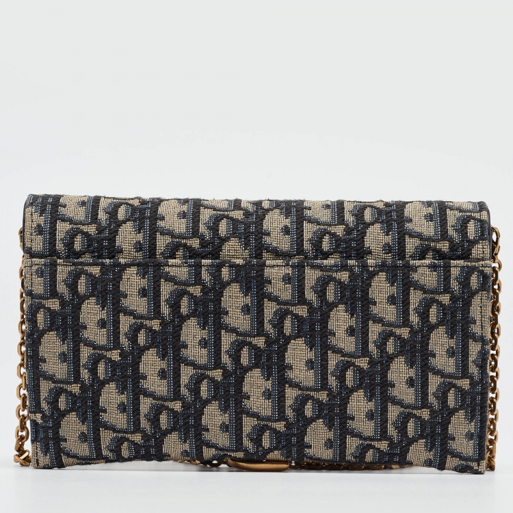 Pre Owned Dior Navy Blue Oblique Canvas and Leather Saddle Wallet on Chain