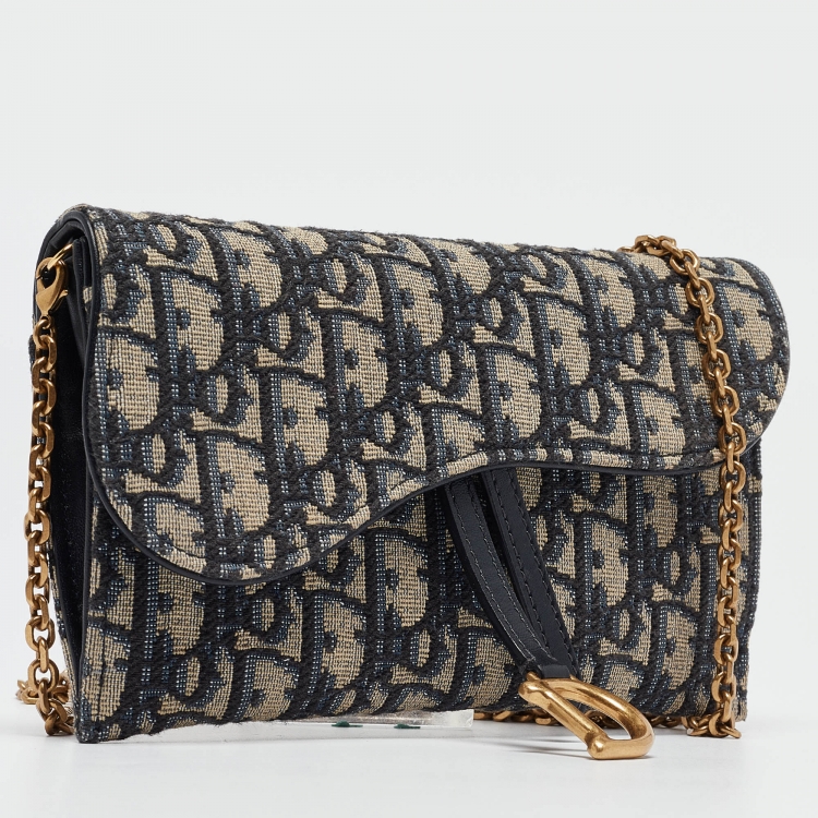 Pre Owned Dior Navy Blue Oblique Canvas and Leather Saddle Wallet on Chain