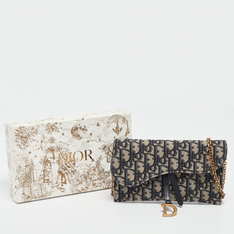 Pre Owned Dior Navy Blue Oblique Canvas and Leather Saddle Wallet on Chain