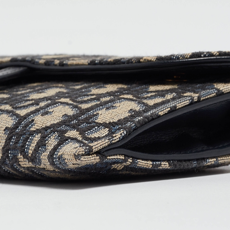 Pre Owned Dior Navy Blue Oblique Canvas and Leather Saddle Wallet on Chain