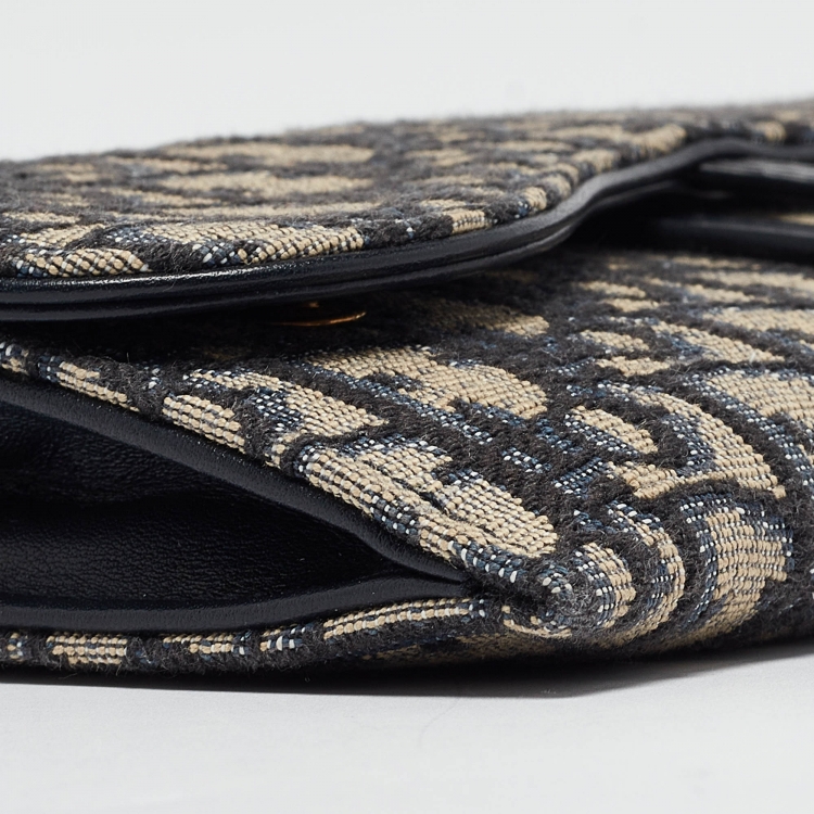 Pre Owned Dior Navy Blue Oblique Canvas and Leather Saddle Wallet on Chain