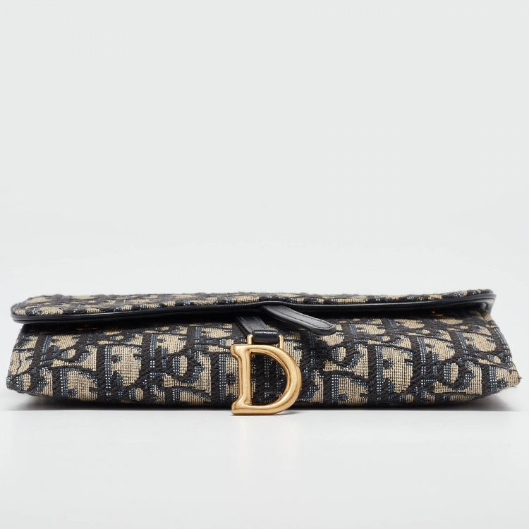 Pre Owned Dior Navy Blue Oblique Canvas and Leather Saddle Wallet on Chain