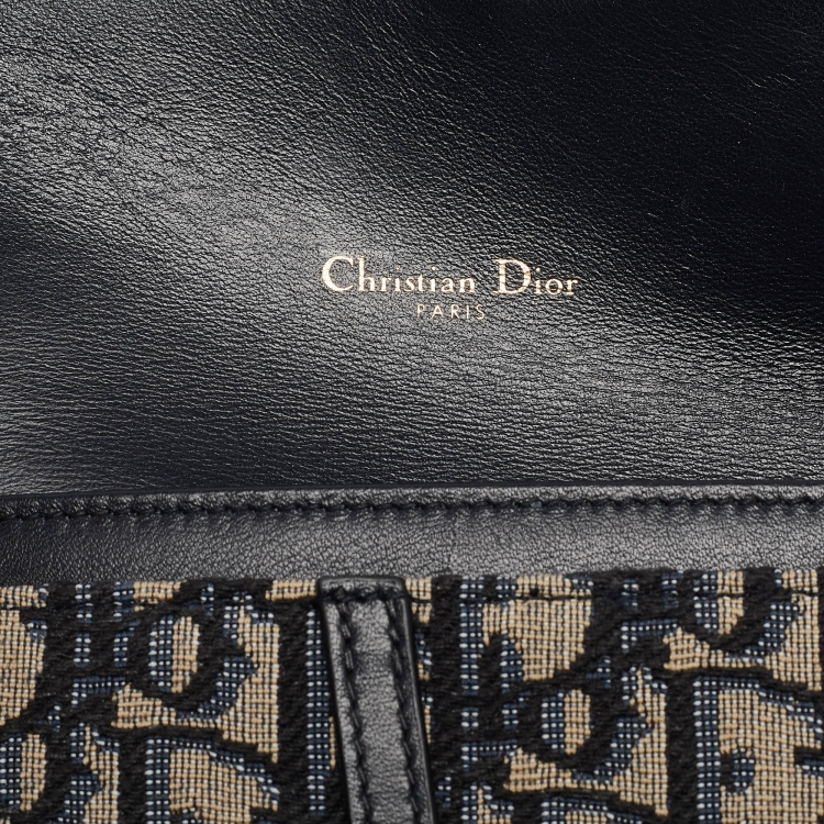 Pre Owned Dior Navy Blue Oblique Canvas and Leather Saddle Wallet on Chain