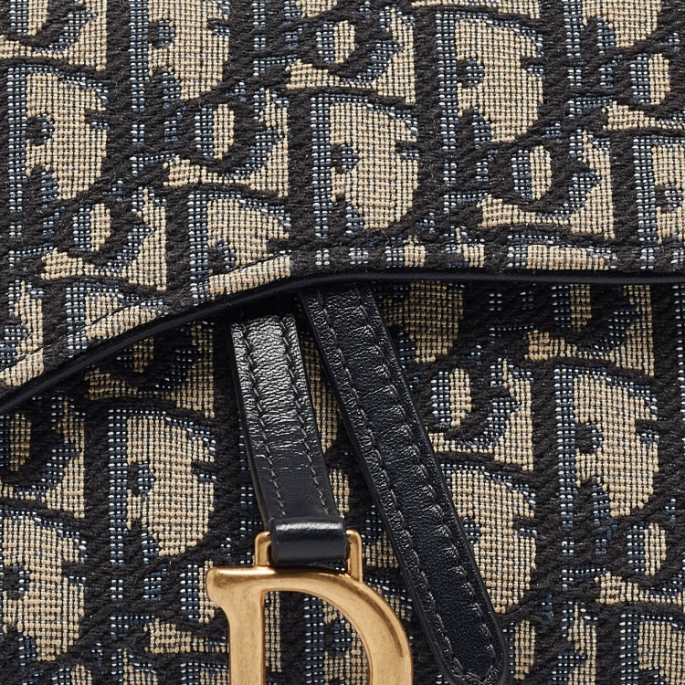 Pre Owned Dior Navy Blue Oblique Canvas and Leather Saddle Wallet on Chain