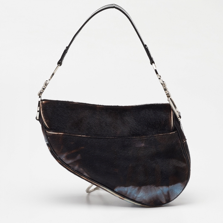 Pre Owned Dior Brown/Blue Pony Hair and Patent Leather Saddle Bag