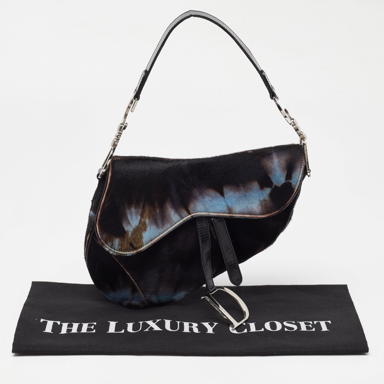 Pre Owned Dior Brown/Blue Pony Hair and Patent Leather Saddle Bag