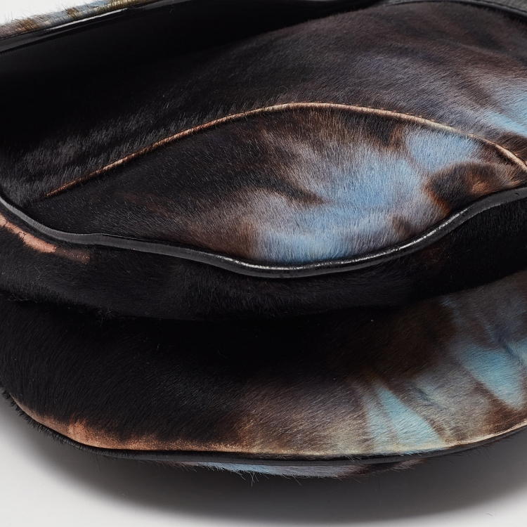 Pre Owned Dior Brown/Blue Pony Hair and Patent Leather Saddle Bag