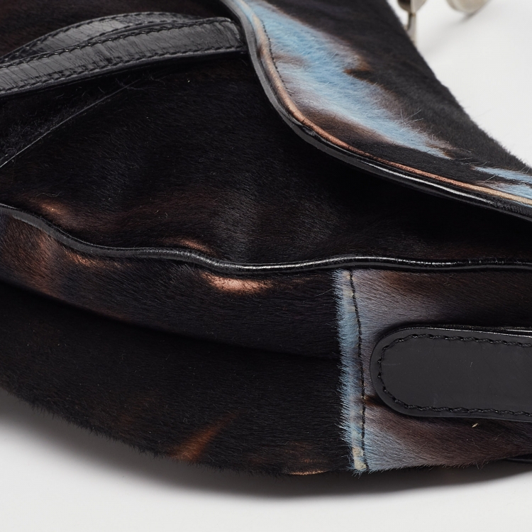 Pre Owned Dior Brown/Blue Pony Hair and Patent Leather Saddle Bag