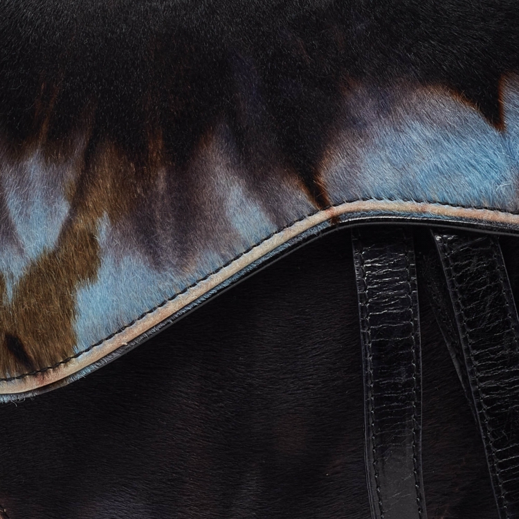 Pre Owned Dior Brown/Blue Pony Hair and Patent Leather Saddle Bag